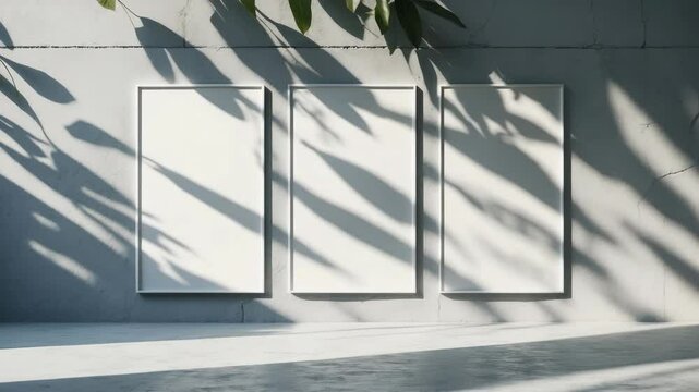 Three empty white vertical rectangle poster mockups showcasing gentle shadows on a neutral wall background.