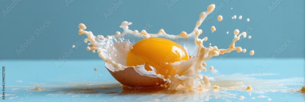 Poster yolk splash frozen in motion above broken eggshell against a blue background captures dynamic culina