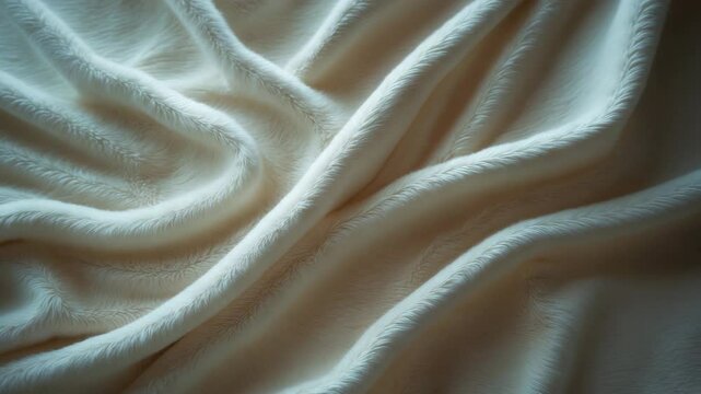 Light, white, fluffy blanket with wavy folds as the background. Aerial perspective. Close-up shot.