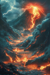 Molten lava streams flow down erupting volcano under stormy sky with lightning strikes