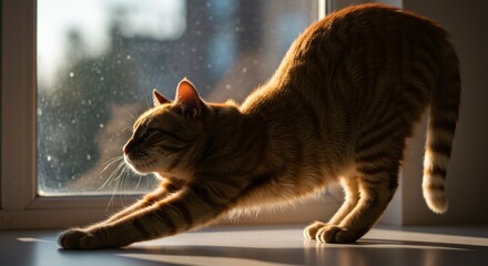 Ginger cat stretching in the sunlight by the window, enjoying a bright morning