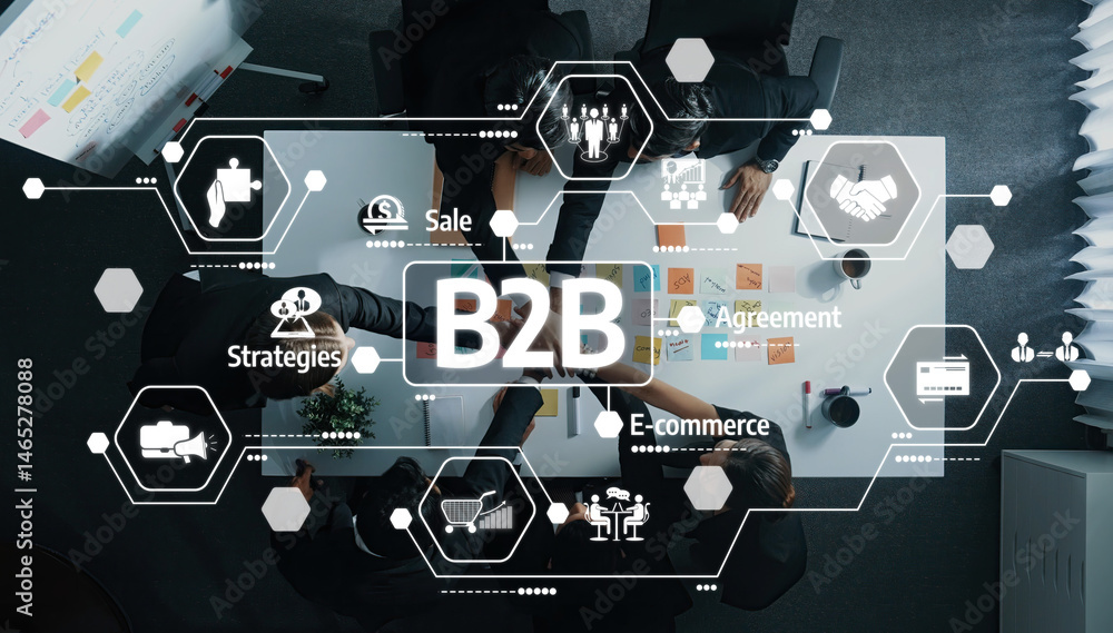 Poster this image showcases a b2b collaboration with diverse professionals at a modern table, emphasizing d