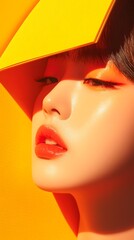 Closeup Portrait of a Woman with Bright Yellow Makeup and Glowing Skin