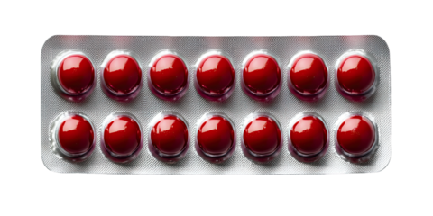 round red pills in blister pack, medical treatment and healthcare product isolated on white transparent background