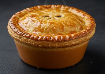 A close up shot of a freshly baked pie with a golden crust on a dark surface steaming slightly