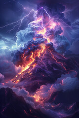 Eruption of a massive volcano with glowing lava and lightning illuminating dark clouds