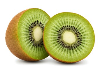 Fototapeta premium A close up view of two halves of a kiwi fruit showing the green flesh and black seeds on white background