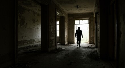 Mysterious silhouette walking towards the light in old abandoned building