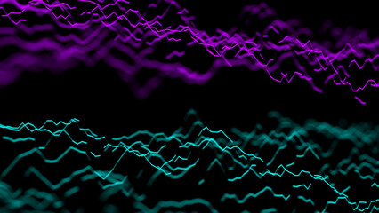 Digital colorful wavy patterns on the dark background. Abstract network connection structure. Big data visualization. 3D rendering.