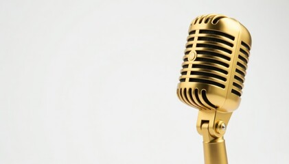 Fototapeta premium Close-up shot of a single gold microphone on white background, rap, professional