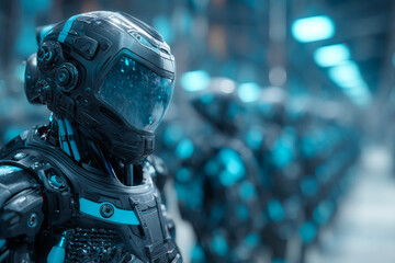 Close-up of futuristic robot helmet, dark gray with teal accents, showing technological detail.  Represents advanced robotics, science fiction, or a technological future