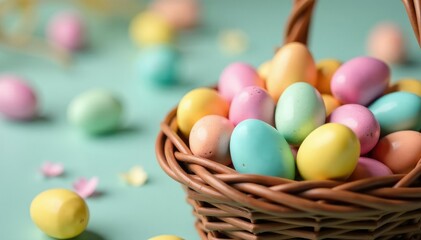 Colorful pastel Easter egg candies in a basket , delicious, bunny