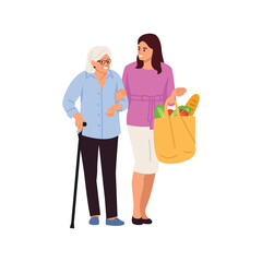 Vector illustration of a young woman helping an elderly woman on the street.Cartoon scene of a woman in a sweater, skirt, holding a bag of groceries, supporting an elderly woman with a walking stick.