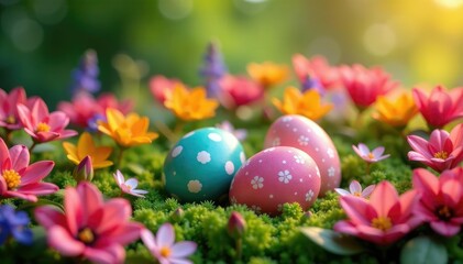 Decorated eggs nestled in a vibrant flowerbed, Easter, candy, tradition