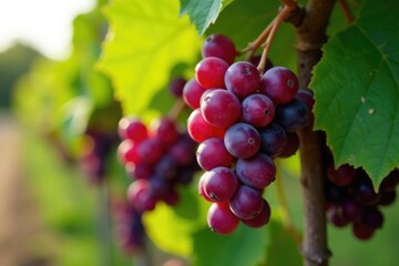 Deep crimson Bordeaux grapes hanging heavily on the vine , crimson, food