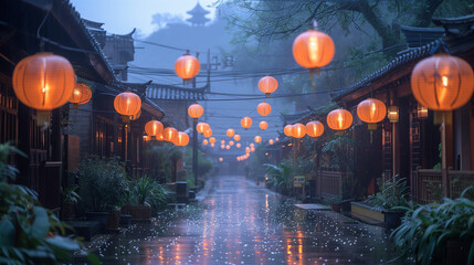 Traditional Asian street with glowing lanterns reflecting on wet pavement in misty evening atmosphere