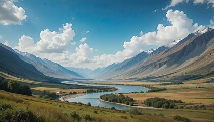Majestic Mountain Valley River Landscape: A Breathtaking Panorama of Nature's Serenity