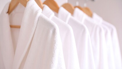 Luxurious White Bathrobes Hanging on Wooden Hangers in a Row Soft Comfortable Hotel Spa Robes