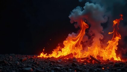 Obraz premium Fiery inferno against a stark black backdrop Intense flames, smoke, and embers , black background fire, glowing, bright