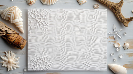 Elegant Beach Wedding Invitation with Geometric Waves and Seashell Accents on Textured Cardstock