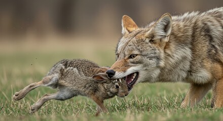 Fototapeta premium Coyote capturing a hare in a grassy field depicting natural wildlife behavior