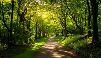Fototapeta premium Camino bañado por el sol entre frondosos árboles verdes