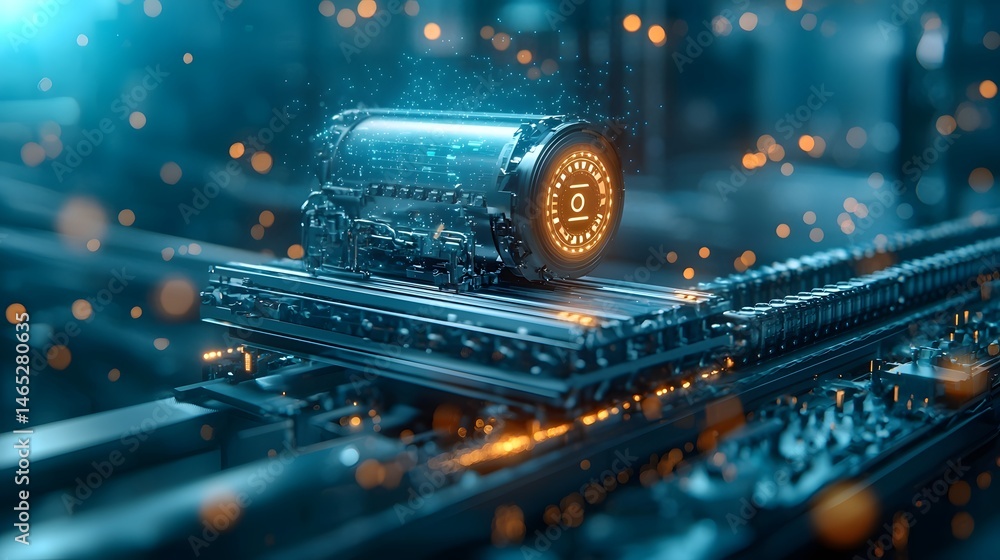 Poster a highly automated and advanced aluminum recycling line featuring floating holographic displays that