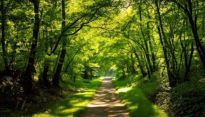Fototapeta premium Camino bañado por el sol entre frondosos árboles verdes
