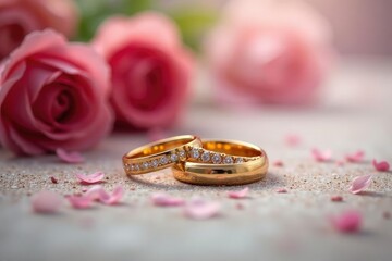 Happy couple's wedding rings on a floral background, symbolizing marital bliss , symbol, romance