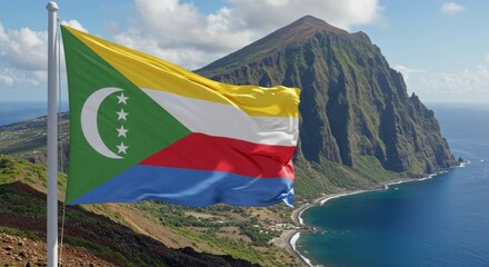Waving Comorian Flag Representing Island Unity Against the Volcanic Coastal Landscape of the Archipelago