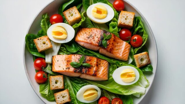 Delicious Caesar salad with salmon, top-down perspective. Tasty seafood salad, fish-oriented starter.