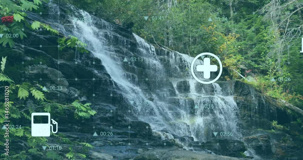 Poster forest waterfall cascading over rock ledges blending with futuristic grid nodes timecode house icon