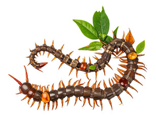 Fototapeta premium Closeup of a Curled Centipede with Gemstones and Leaves