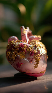 Handcrafted spunk with pink and amber detailing, symbolizing love and artistry.
