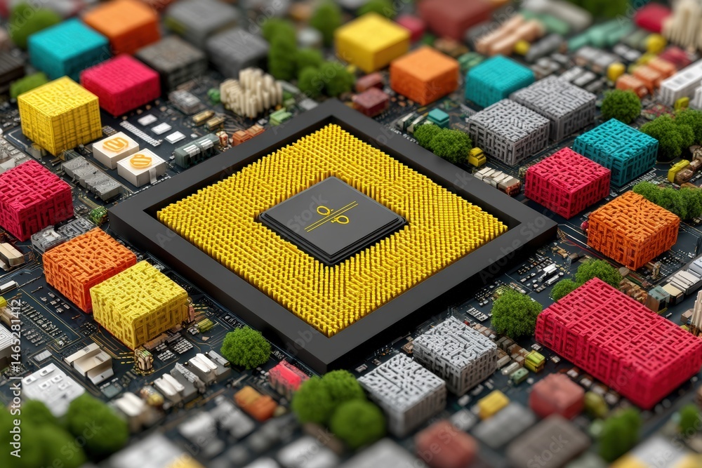 Poster colorful microchip surrounded by intricate circuit elements.