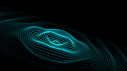 Futuristic blue sound or pulse wave texture. Portal grid, circle warm hole frame. Background for banner design. Big data visualization. 3d rendering.