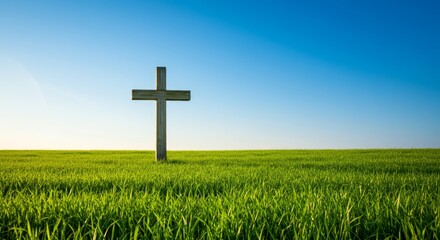 Wooden Cross Standing Tall in a Green Field Under a Clear Blue Sky