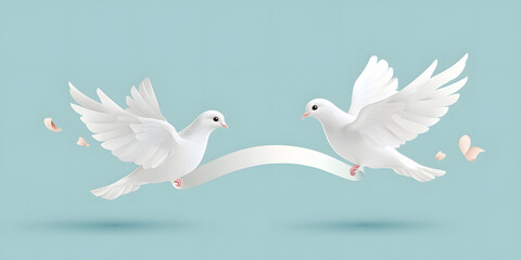 Two Doves Flying with a Ribbon in the Sky