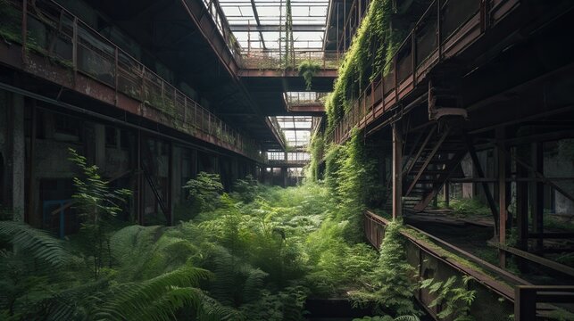 Abandoned factory overgrown with lush vegetation