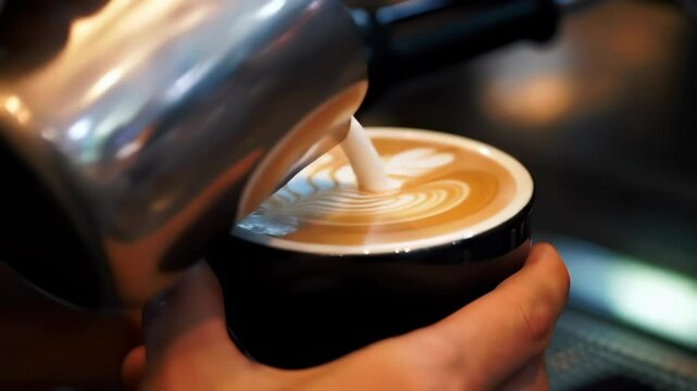 Barista Creates Perfect Latte Art in Black Cup                                                   