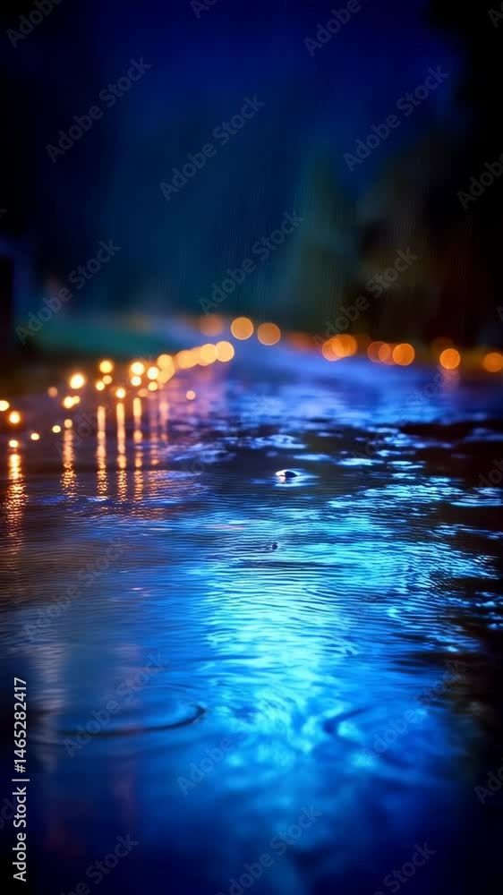 Poster raindrops fall on calm water surface in twilight, creating mesmerizing circular ripples with distant