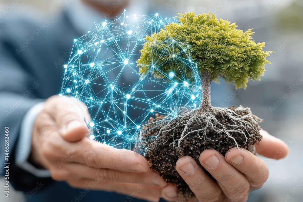 Poster a hand holding a digitally enhanced tree with a network design.