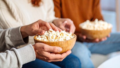 Sharing a Bowl of Popcorn Cozy Friends Enjoying Movie Night Together at Home