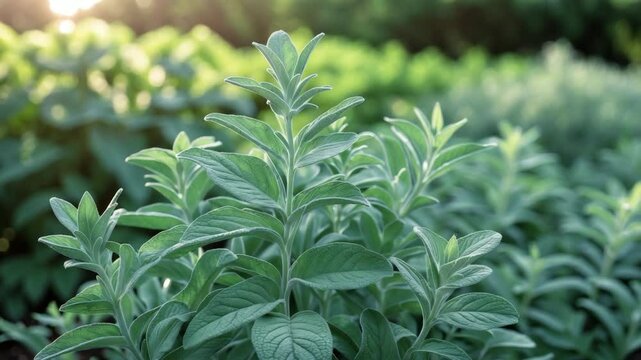 Close-up of a sage plant, showcasing its oval, textured, and creased leaves.