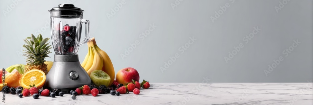 Aufkleber fresh fruits arranged around a modern blender in a clean kitchen workspace ready for smoothie prepar