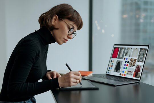 Fashion Designer Working on Tablet Sketching Clothes