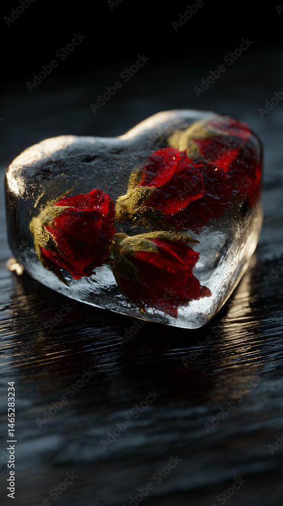 Poster heart shaped ice cube with rose inside, adding a touch of latinian language
