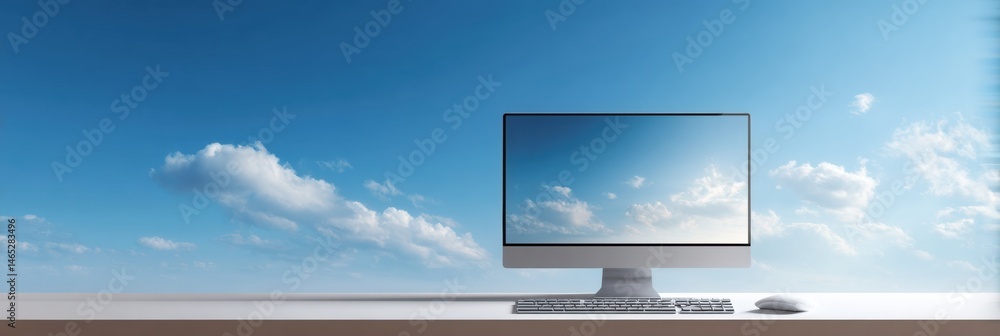 Aufkleber Minimalist Workspace Featuring Monitor and Keyboard With Sky Fade Background on a Serene Desk Generative AI