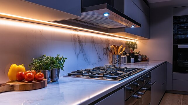 Modern kitchen countertop, illuminated by warm lighting, featuring a marble backsplash and stainless steel appliances.  Fresh produce and bread on the countertop