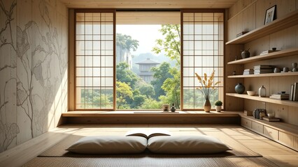 Serene Japanese Reading Room with a View. Minimalist Japanese Interior with Natural Light. 